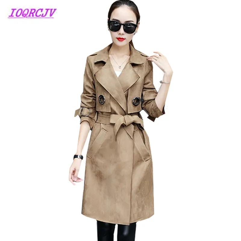 Замшевая ветровка для женщин осеннее пальто средней длины с галстуком бабочкой