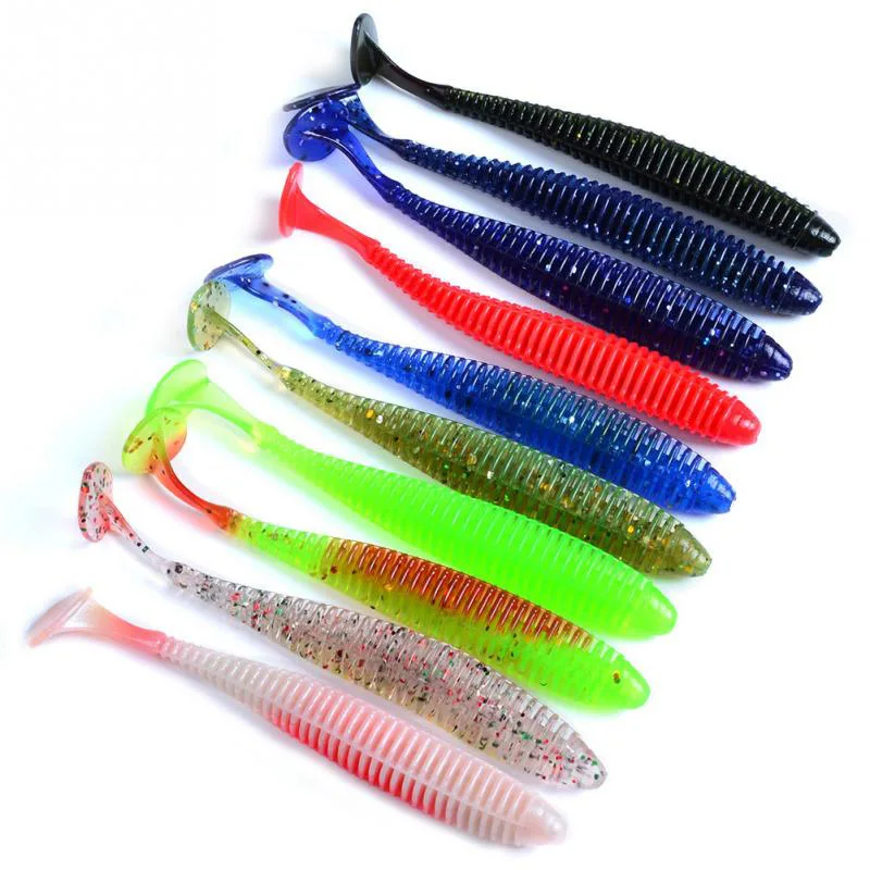 

10pcs/lot Fishing Soft Lure 85mm 2.4g T Tail Soft Bait Worm Grubs jig head Wobblers Swimbait for Bass Carp Fishing Lure
