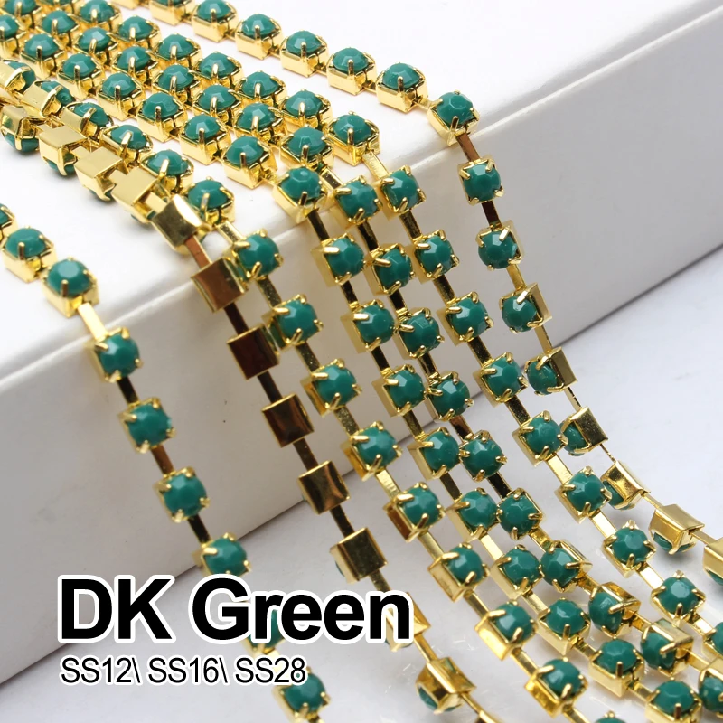 Dk Green 5 ярдов/10 ярдов Акриловые стразы цепь золото SS12/SS16/SS28 для одежды Бесплатная