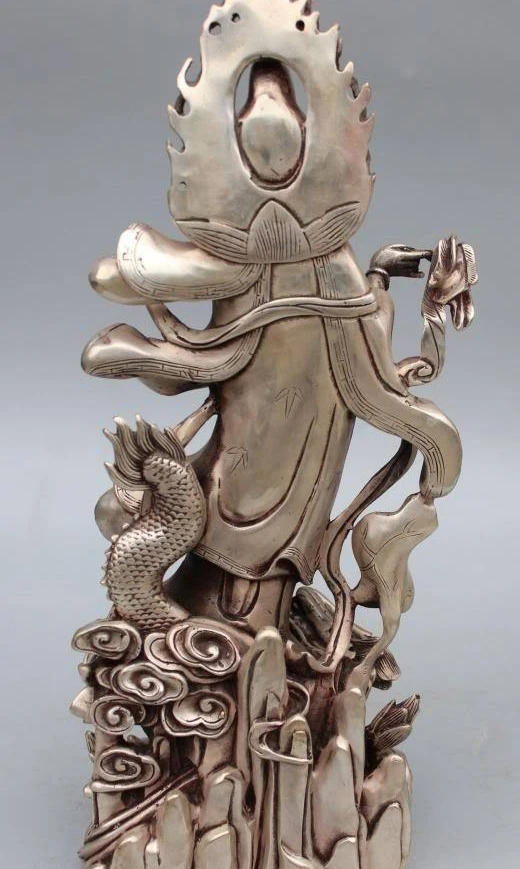 free shipping 17Chinese Silver Guanyin Kwan-yin Guan Yin Hold Vase On Lotus Dragon Sculpture | Дом и сад