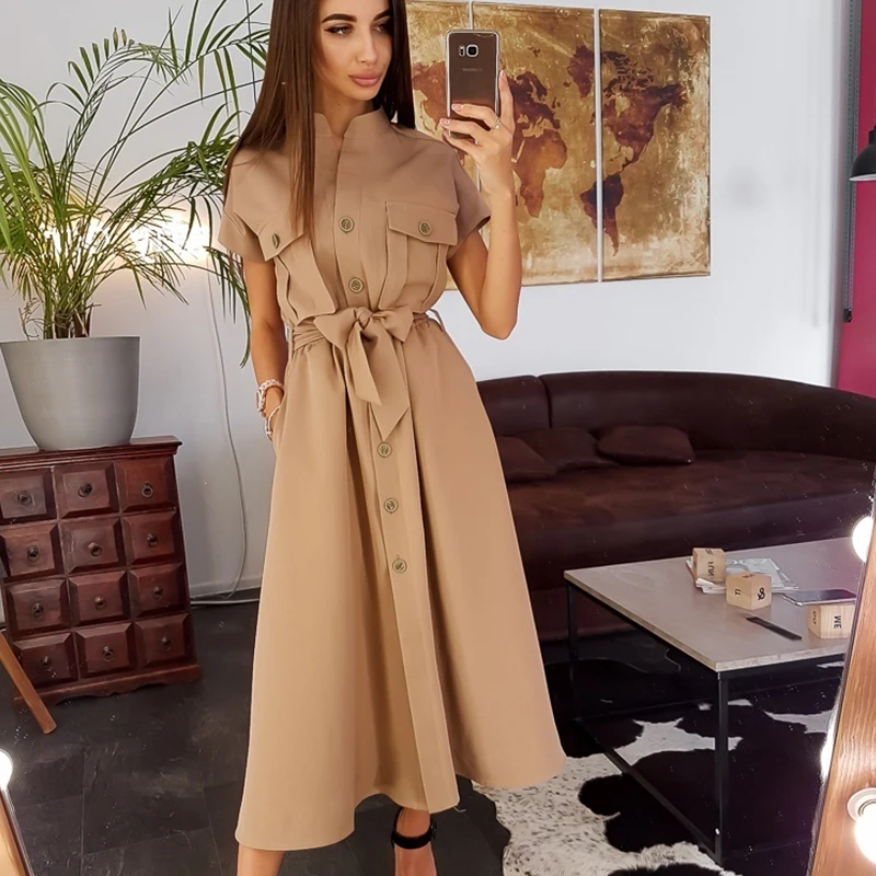 Женское Повседневное платье рубашка с карманом на пуговицах А образной линии