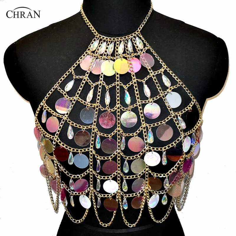 

Chran Acrylic Beaded Rave Bra Bralete Seascale Sequins Crop Top Belly Waist Belt Chain Necklace Festival Wear Jewelry CRS415