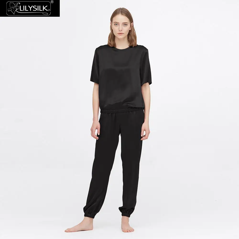 Black LilySilk шелковые пижамы набор 22 Momme с коротким рукавом Роскошные пижамы новые женские - Цвет: Black