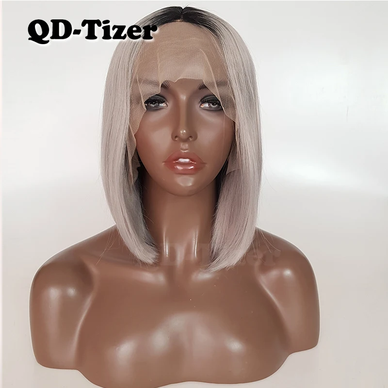 QD-Tizer 1B серые парики шнурка спереди прямые Омбре Парики волос Короткие парики боб средний пробор для женщин