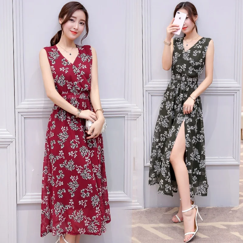 2017 новый летний розовый мода цветочный печати шифон повседневный dress элегантный