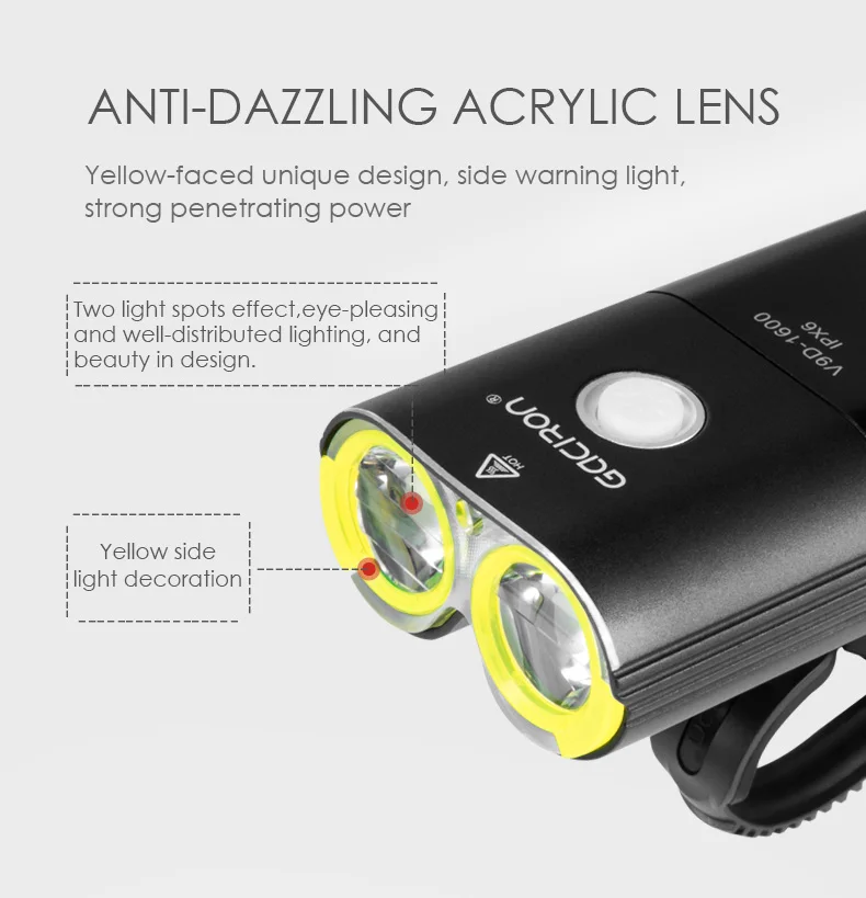 Gaciron 1600 Lm Bicycle Front Torch USB Rechargeable MTB Handlebar Flashlight Waterproof Road Bike Cycling Power Bank Head Light