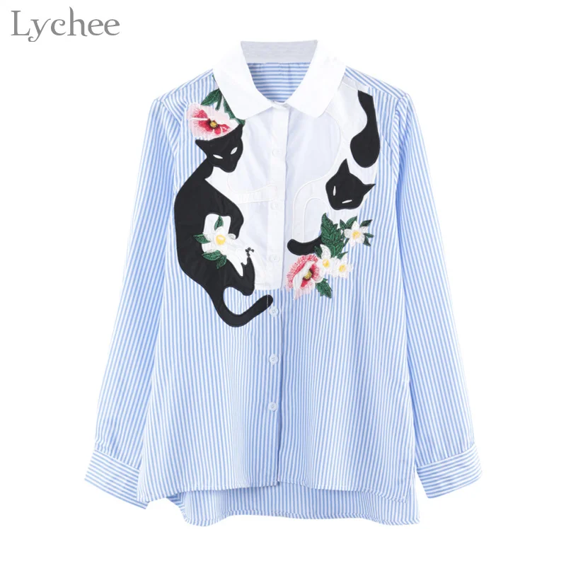 

Женская блузка с вышивкой Lychee Mori Girl, Повседневная Свободная рубашка в полоску с длинным рукавом и котом, топы на весну и осень