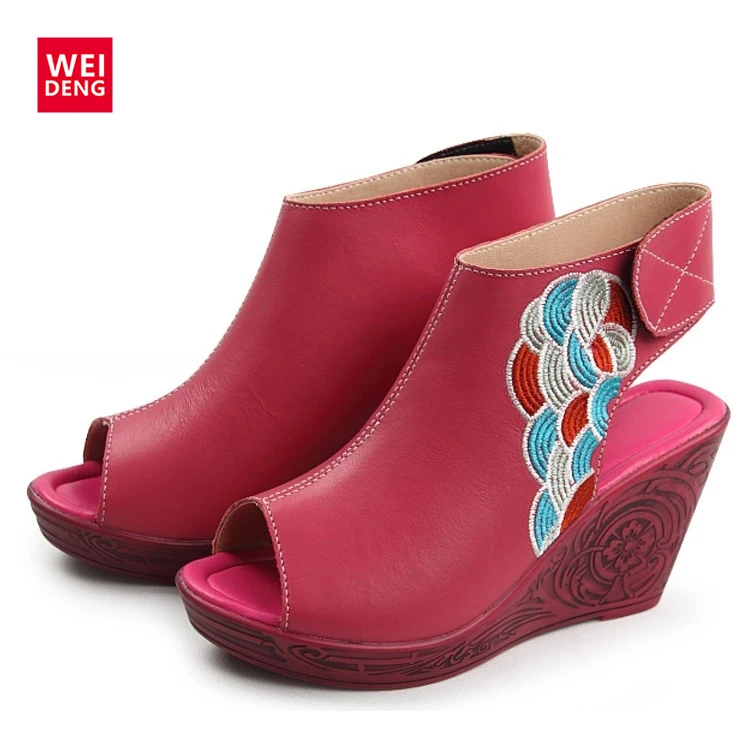 Weideng 2016 Новые летние женские туфли Летний стиль высокой печати каблуки Вязание