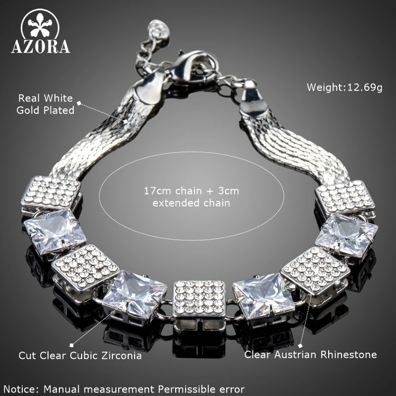 AZORA Pave Clear Austrian Rhinestone Chain Link Bracelets for Women Geometric Cubic Zirconia Wedding Bracelet &amp Bangles TS0169 |