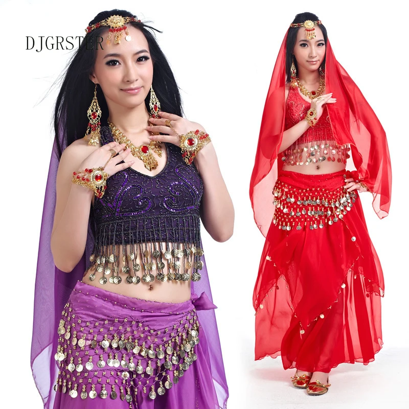 

DJGRSTER Bellydance Costume set 9Colors Stage Performance Oriental Belly Dancing Clothes Suit Bra, Belt & Skirt head chain,veil