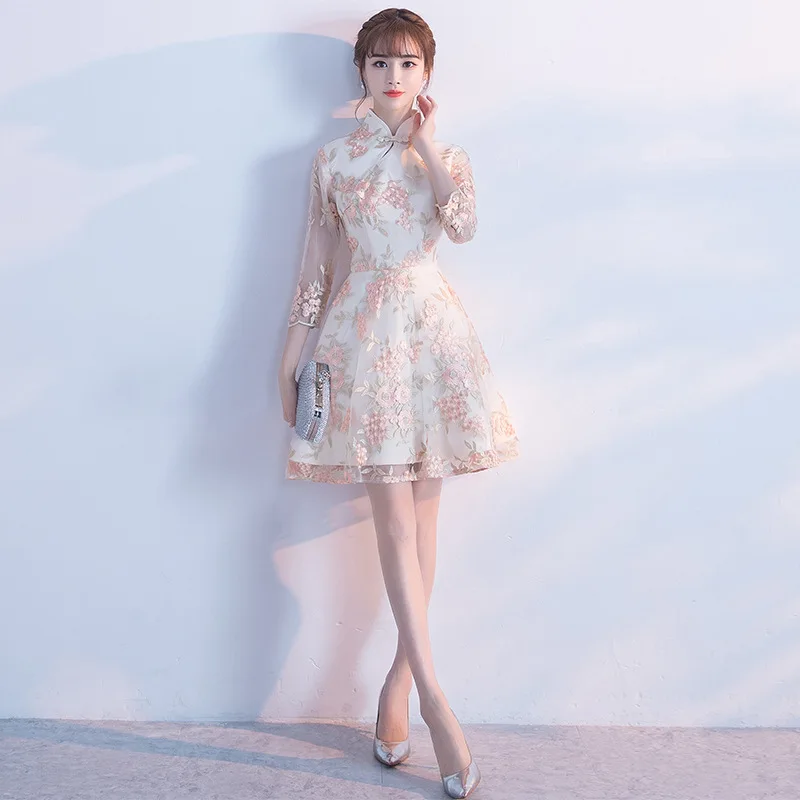 Розовое современное китайское платье Ципао сексуальное бежевое повседневное