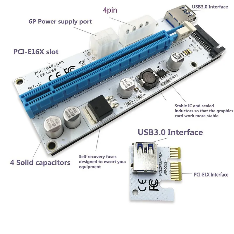10 шт. Лидер продаж VER008S 3 в 1 Molex 4Pin SATA 6PIN PCIE PCI Express Riser Card 1x к 16x USB 0 кабель для майнинга