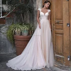 Розовое Тюлевое свадебное платье трапециевидной формы 2020 Vestido De Noiva с рукавами-крылышками и кружевной аппликацией, расшитое бисером, с открытой спиной, свадебное платье в богемном стиле