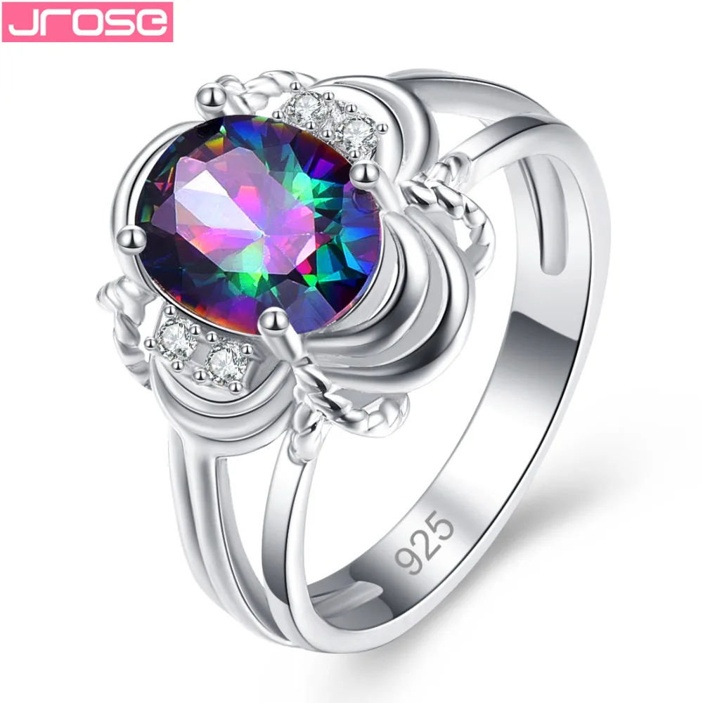 

JROSE Fashion Oval Cut NEW 2018 Gifts Rainnow White Cubic Zirconnia Silver Rings For Women Jewelry Ring Size 6 7 8 9 Beautiful