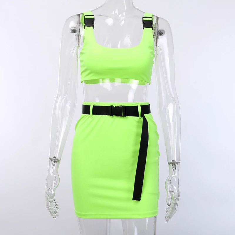 

2019 summer new women's dress two-piece sexy fluorescent solid color buckle button umbilical dress suit