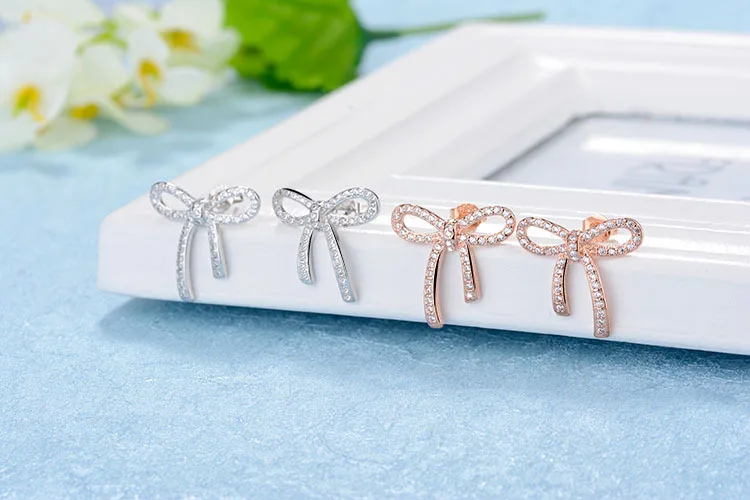 Высокое качество классический дизайн бант блестящий кристалл женское серебро 925