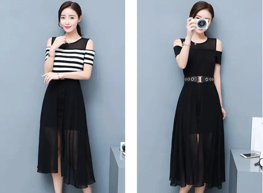 Wholesale fashion women stripes chiffon dress stitching A word long | Женская одежда