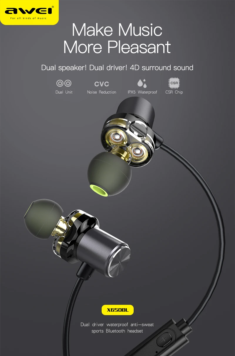 AWEI X650BL bluetooth Беспроводные наушники с двойным динамиком динамика динамические наушники в ухо HIFI fone de ouvido