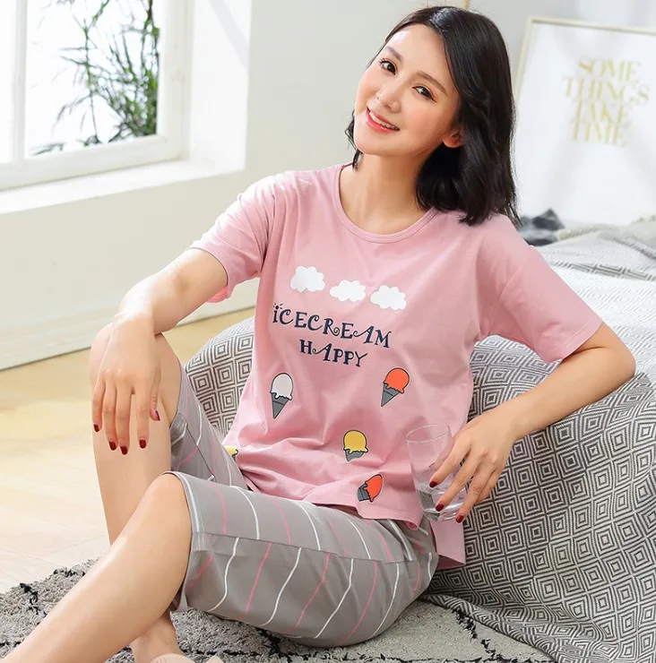 1828 pink Летняя одежда для сна размера плюс XXXL, женские пижамные комплекты с v-образным вырезом, мультяшный Пижамный костюм с коротким рукавом, Облегающий мягкий женский домашний костюм - Цвет: 1828 pink