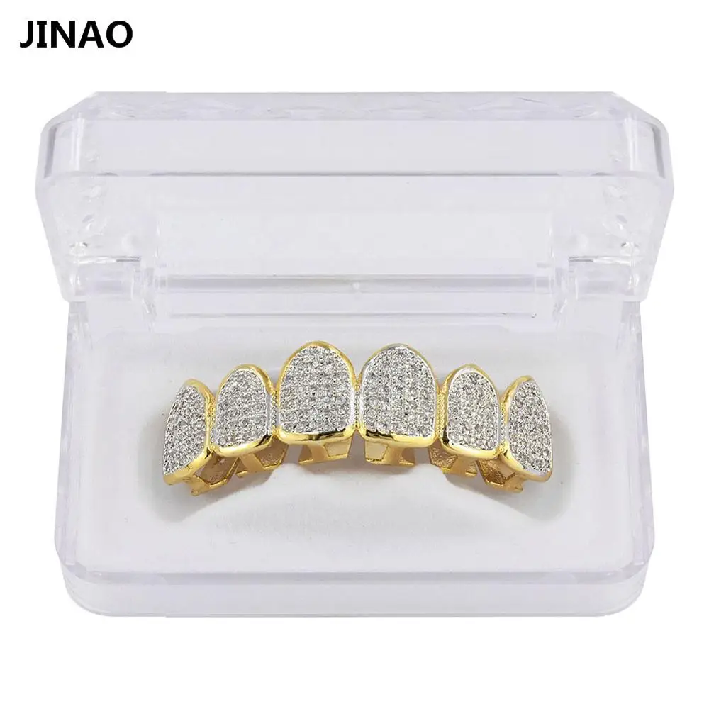 JINAO золото посеребренные хип-хоп ЗУБЫ гриль Все Iced Out CZ камень микро проложили для мужчин n женщин верхней и нижней грили набор Корабль из США - Окраска металла: Gold Top