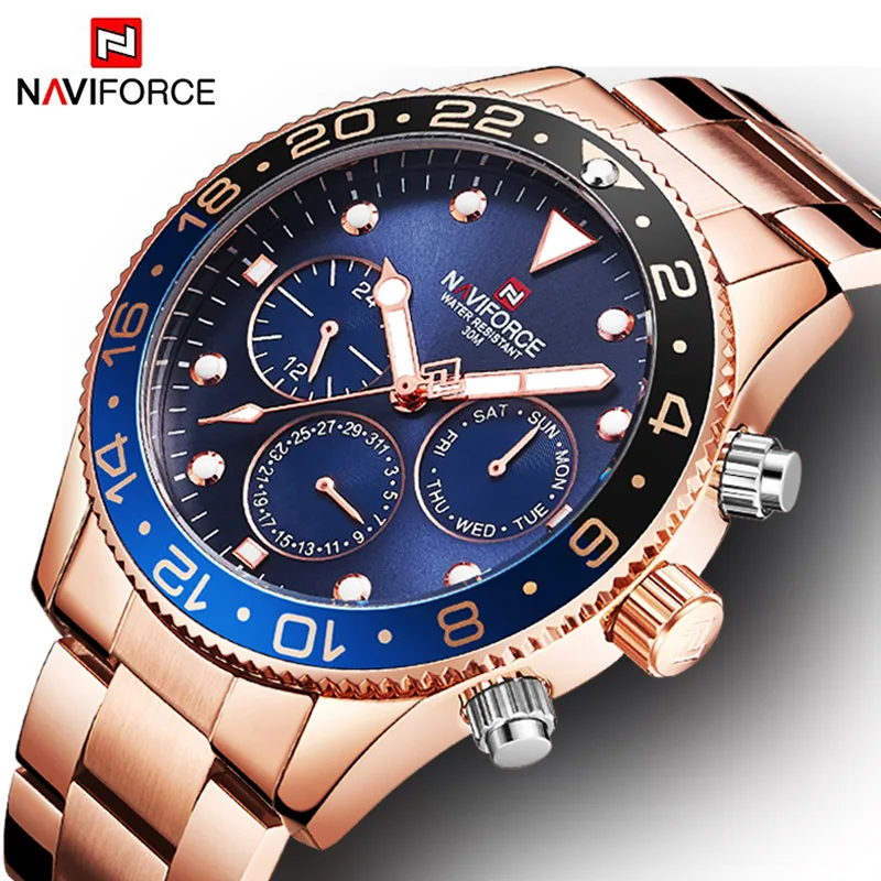 Часы NAVIFORCE мужские водонепроницаемые из нержавеющей стали золотого и синего