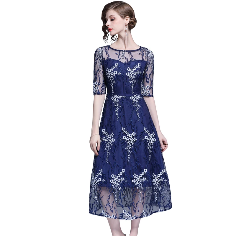 Новинка 2019 года весенне-летнее винтажное женское платье Сетчатое тонкое Вышитое