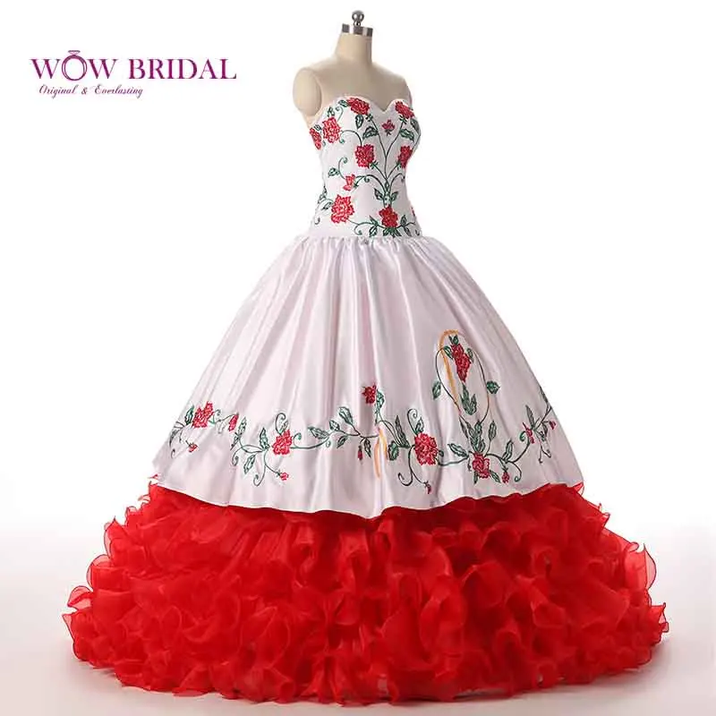Wowbridal роскошное 2021 белое красное платье с вышивкой Quinceanera бальное оборками из