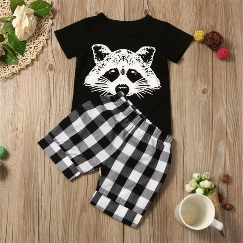 Футболка с рисунком лисы для маленьких мальчиков топы клетчатые шорты штаны