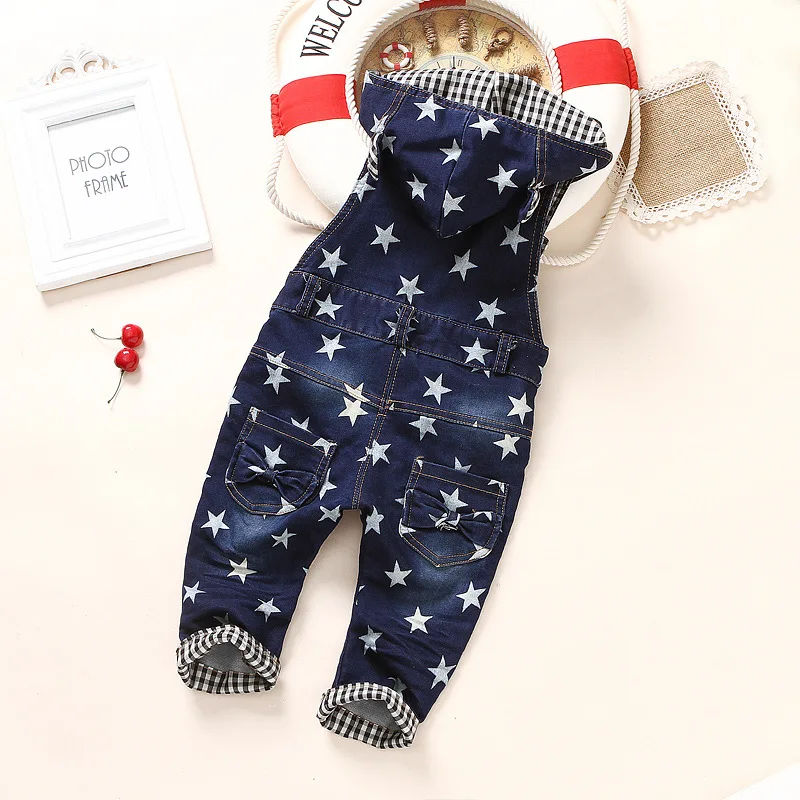 Детский джинсовый комбинезон со звездами с капюшоном для мальчиков и девочек на