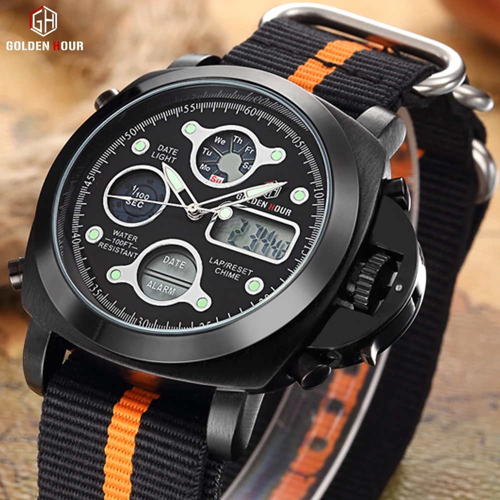 Мужские наручные часы Reloj Hombre GOLDENHOUR спортивные холщовые на ремешке с