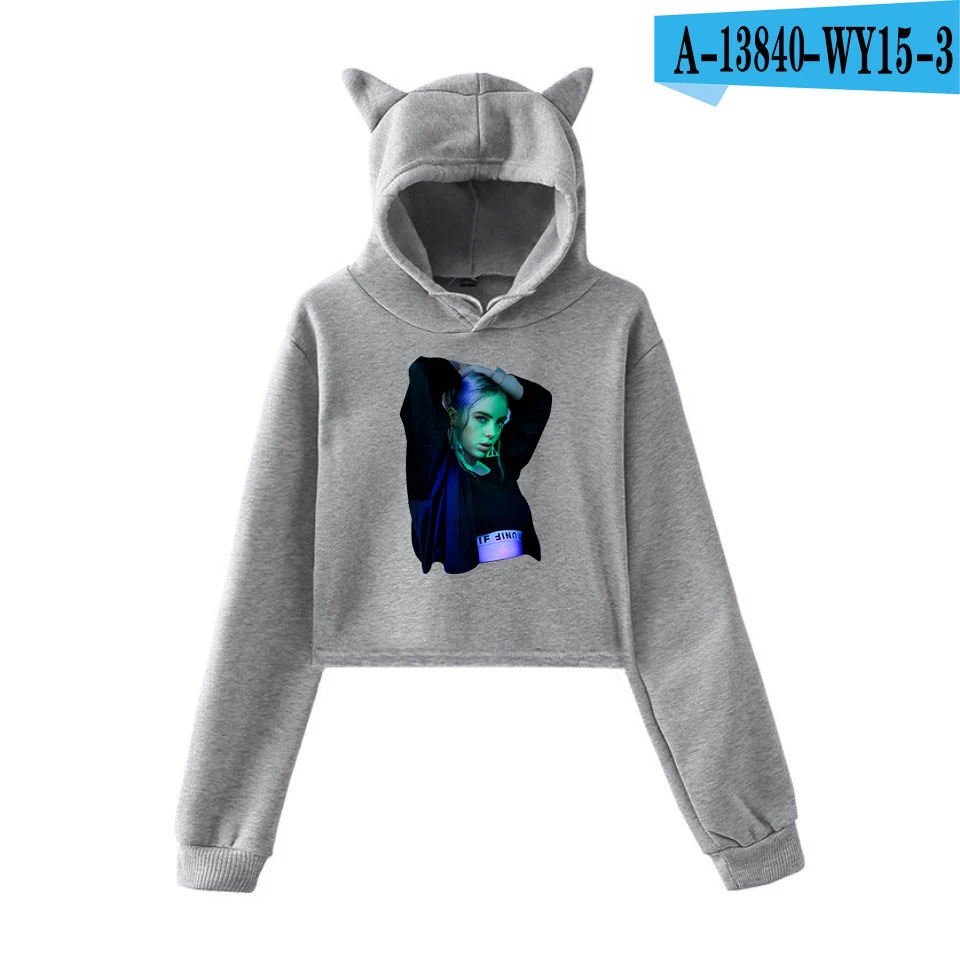 Billie Eilish Толстовка Harajuku милый кот Негабаритных Толстовки Кофты Розовый женский хит-хоп толстовка летняя укороченная верхняя одежда - Цвет: Тёмно-синий