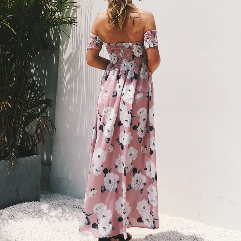 

European and American popular sexy off shoulder wrap chest long dress with split and irregular Chiffon Beach Dress