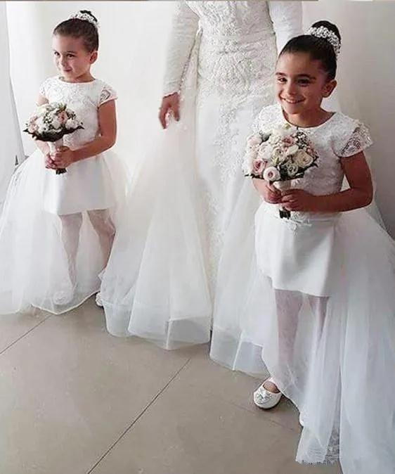 

2021 Two Layers Flower Girls Dresses Jewel Short Sleeve Lace Applique Kids Party Dress First Communion Dress Toddlers