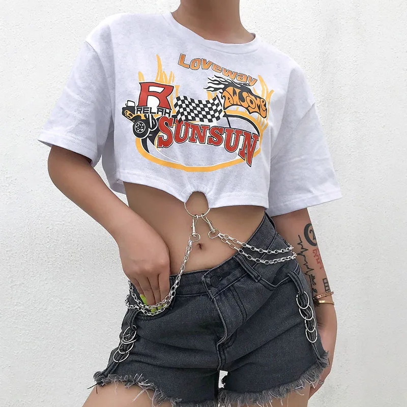 White T-shirt Darlingaga, уличная одежда, хип-хоп белая футболка, женский укороченный топ, свободный принт, цепочка, графическая футболка, обрезанная, летняя женская футболка, одежда - Цвет: White T-shirt