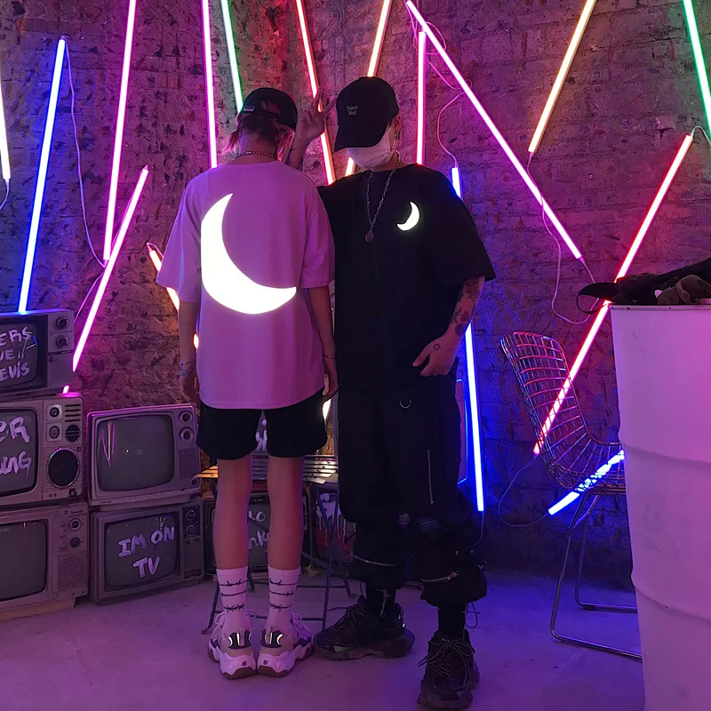 New Arrivals Hipster T Shirt Women Printed Glow In Dark Cool T-shirt Unisex Night Club Guys Reflective Moon Top Tees Femme | Женская