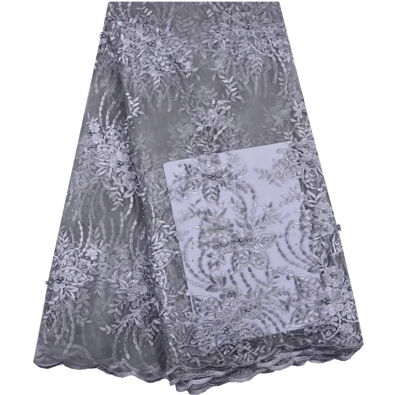 

2018 Nigerian Lace Fabric Bridal Fashion Beads African French Lace Fabric 5Yards Tulle Mesh Net Lace Materials Gray Color 1319