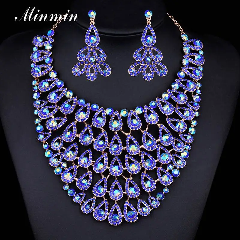 

Minmin Exaggerated Big Shiny Crystal Indian Jewelry Wedding Bridal Jewelry Set for Women Engegament Necklace Earrings Set TL403