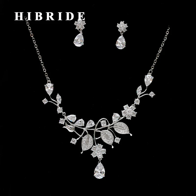 

HIBRIDE Unique Design Brazil Style Leaf Shape CZ Pendant Necklace Earring Set Bridal Jewelry Sets Dress Accessories N-263