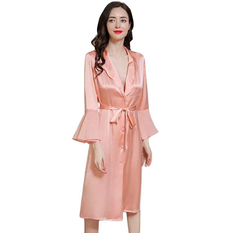 P9952 New Fashion Long-sleeved Sexy Robe Female Spring and Summer 100% Silk Pajamas Bathrobe Women Home Clothes