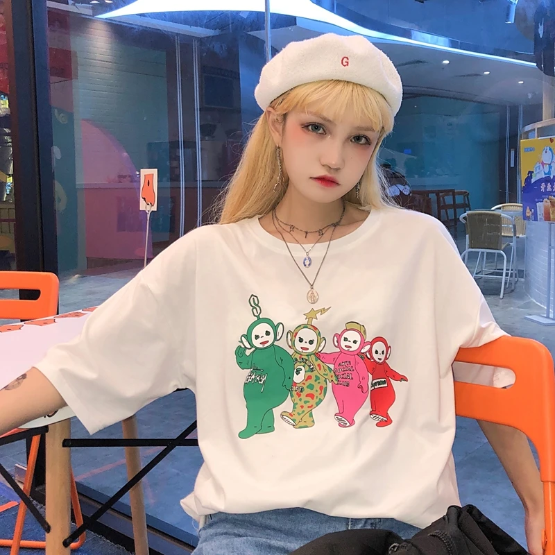 Женская забавная футболка с принтом Teletubbies летний топ из хлопка Harajuku Корейская