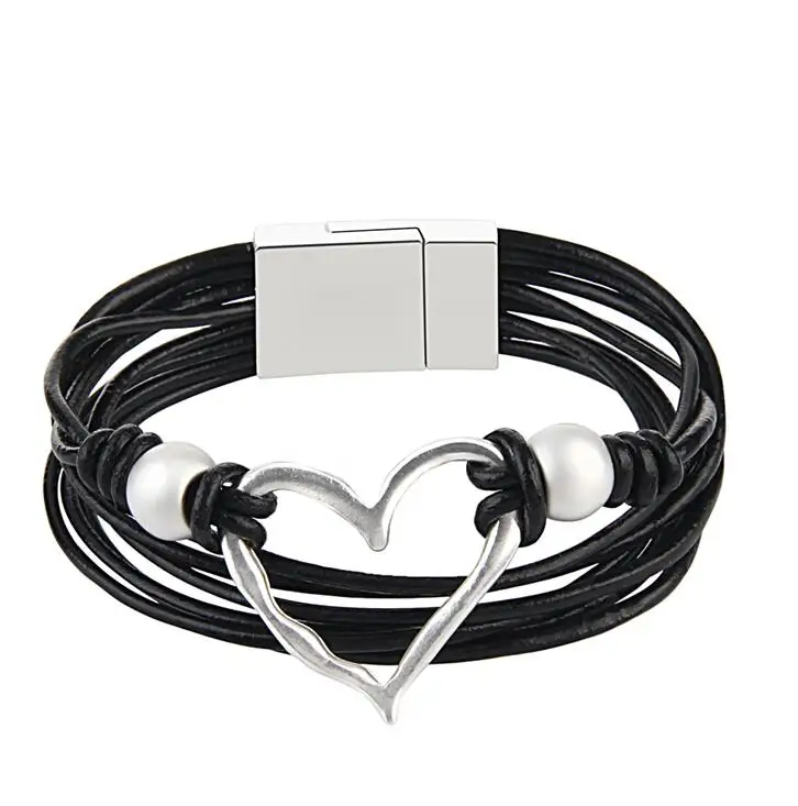 black Seanuo, панк, многослойный магнит, в форме сердца, амулет, ручной браслет для мужчин и женщин, модный, очаровательный, из гладкой кожи, пара браслетов - Окраска металла: black
