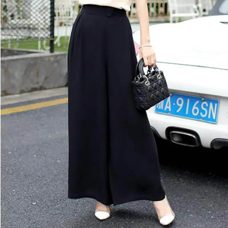 Брюки женские из тонкого хлопка и льна с широкими штанинами высокой талией |