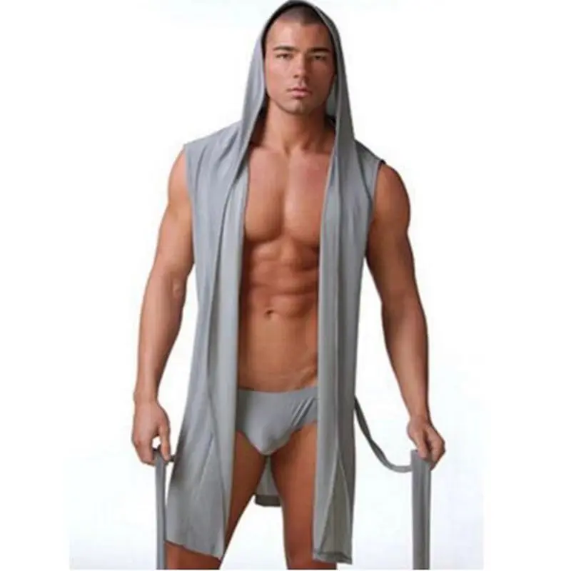 Men's robes set comfortable casual bathrobes sleeveless Viscose sexy Hooded robe homewear mens sleepwear lounge clothes briefs