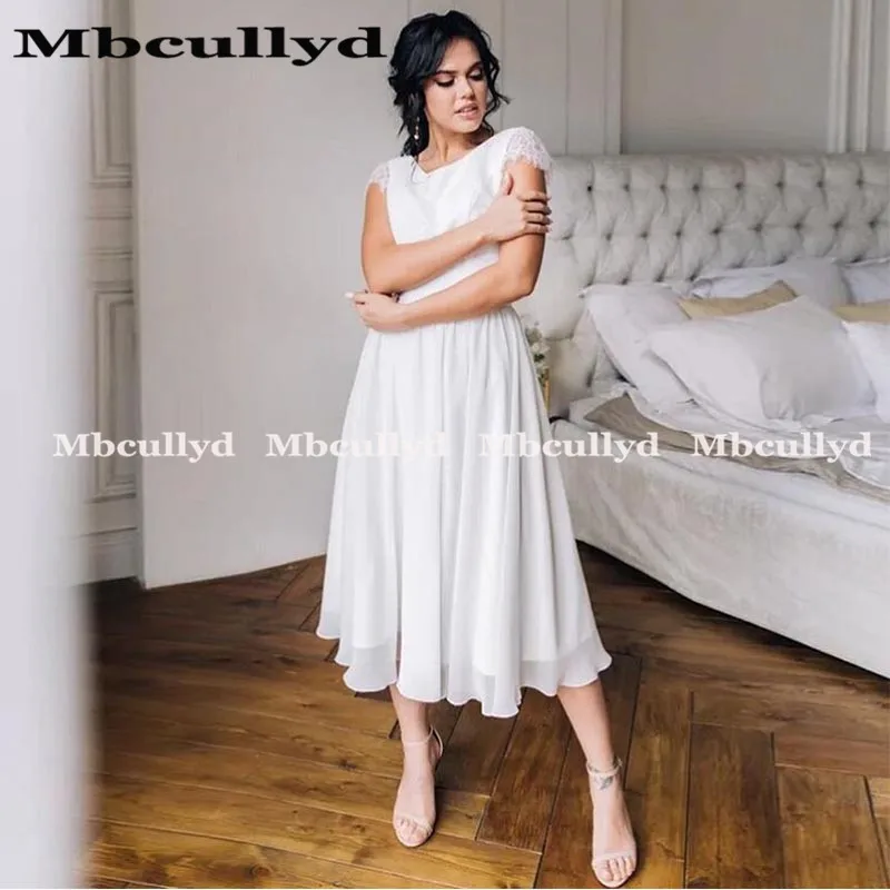Mbcully Simple Beach Wedding Dresses 2020 Elegant Lace Applique Mid Calf A-line Short Backless Chiffon Bridal Gowns | Свадьбы и