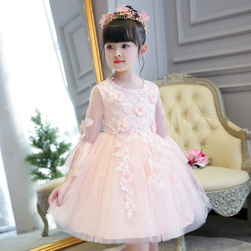 

Glizt Pink Tulle Flower Girl Dress Half Sleeve Kid Evening Dress Wedding Gown Appliques Girls Party First Communion Dresses