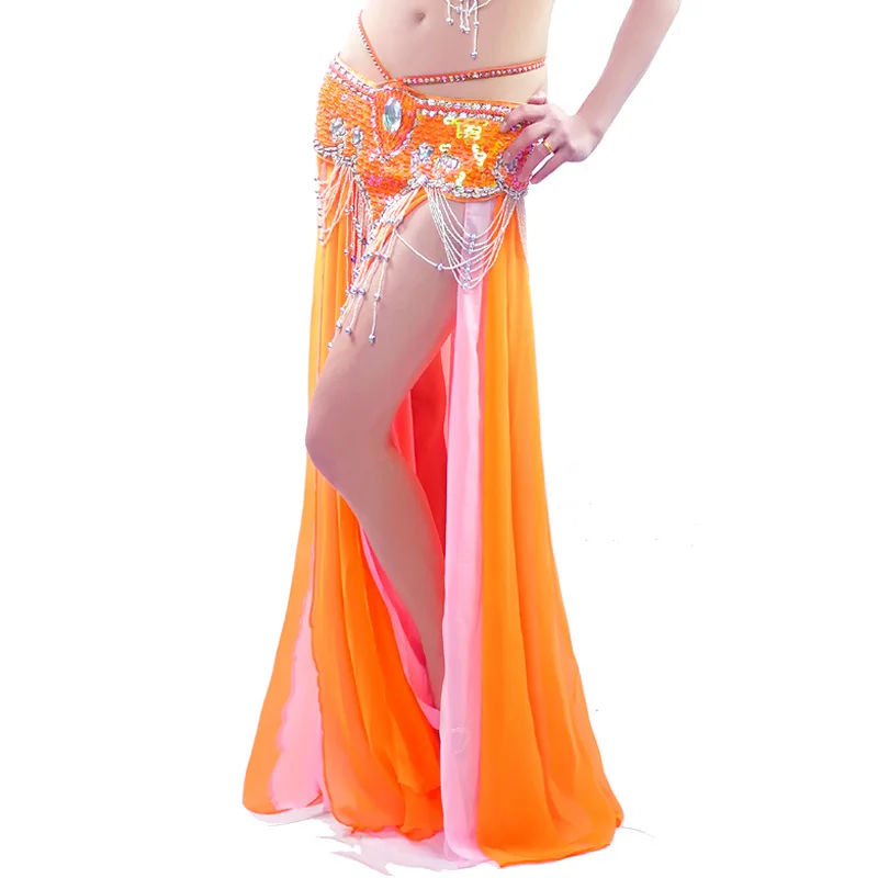 Женский костюм для танца живота Двухслойная юбка с разрезом сбоку 9 цветов