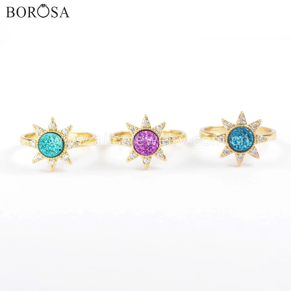 BOROSA 5 шт. Круглый Натуральный Druzy кольцо циркония Проложить светильник синий Drusy