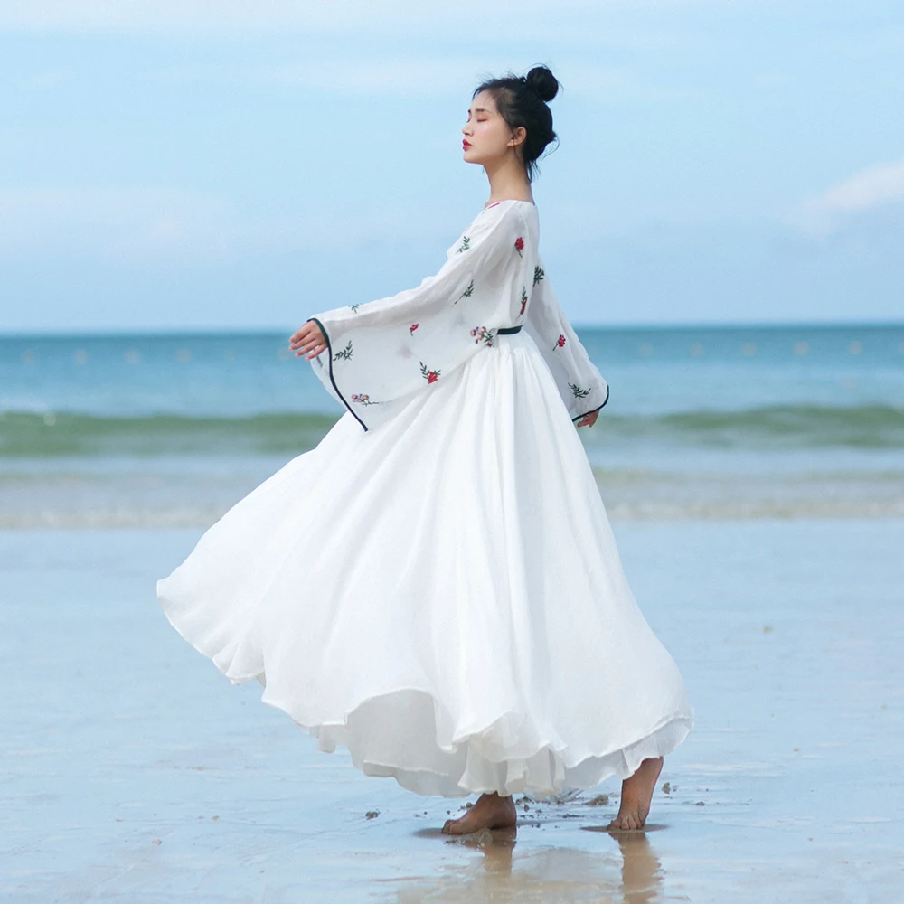 

MM120 New Arrival Summer 2017 a line large bottom v neck long sleeve maxi loose embroidered white chiffon beach dress vintage