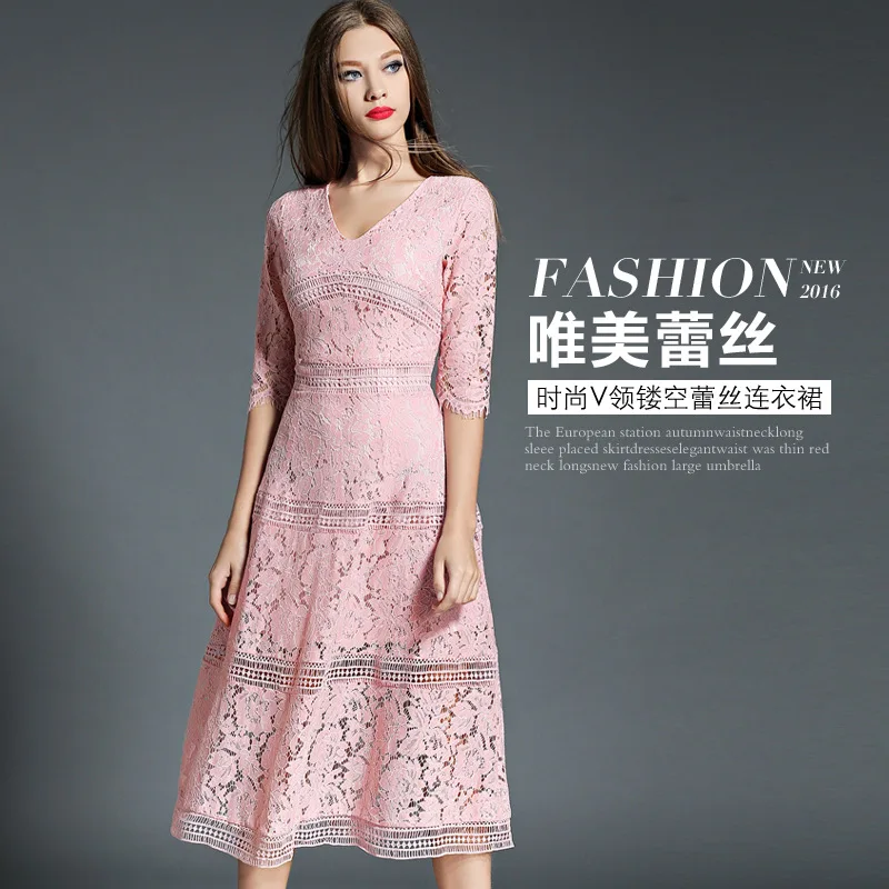 

New Arrival Women Hollow Lace Floral Solid Long Sleeve Dresses Club Party Dress High Quality Casual Cute Dress Retro 8848
