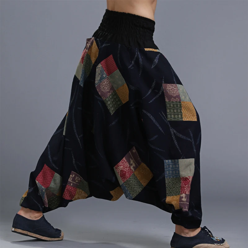 

Men's Cotton Big Crotch Crago Pants Elastic Waist Aladdin Harem Wide leg Ninja Pants Trousers Casual Nepal Male Indian Pants